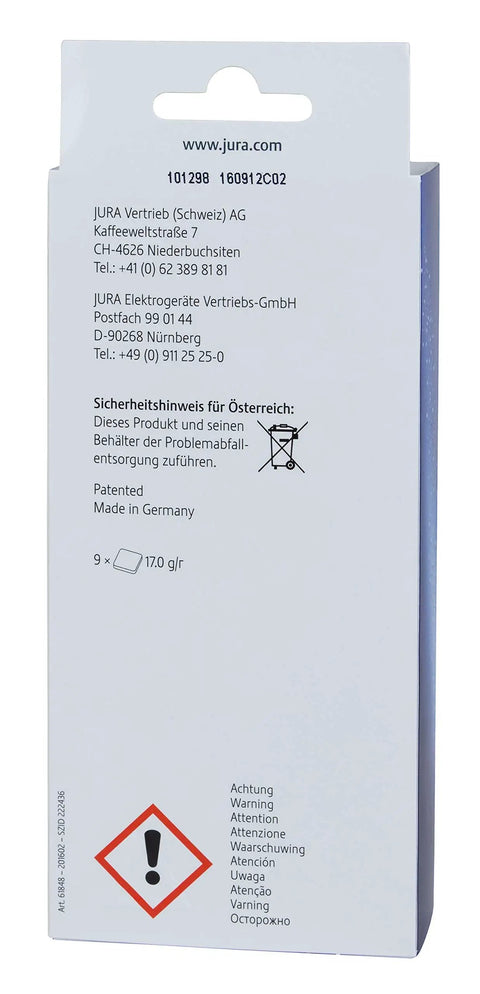 Back view of packaging for Descaling And Cleaning Tablets For Fully Automatic Coffee And Espresso Machines 9 Plus 6 Pack.