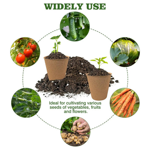Biodegradable Seedling Pots 120 Pack 3.15 Inch With 30 Plant Labels in soil, surrounded by images of various vegetables and fruits