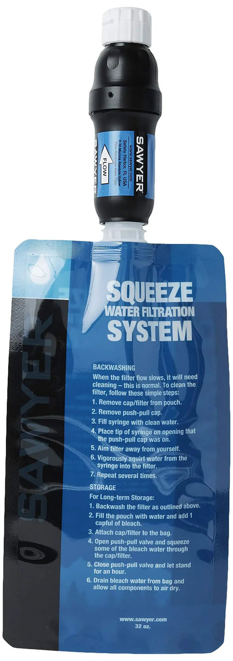Portable Squeeze Water Filtration System with 32 oz blue pouch and black filter.