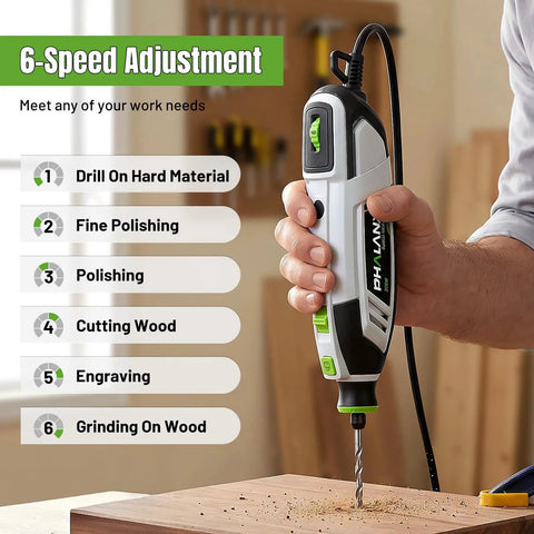 Badass 200W Rotary Tool Kit Featuring Kickin Variable Speed Control and Flexible Extension Shaft With Massive 132 Piece Accessory Collection For Heavy Duty DIY engraving, sanding, polishing, and precision drilling workflows showing 6-speed adjustments.