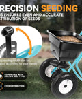 Walk Behind Broadcast Spreader With 80 Lb Capacity For Fertilizer Salt Ice Melt Grass Seed And Lawn And Garden Care Pro Grade Heavy Duty With Side Spread Control showcasing precision seeding and adjustable spread width control.