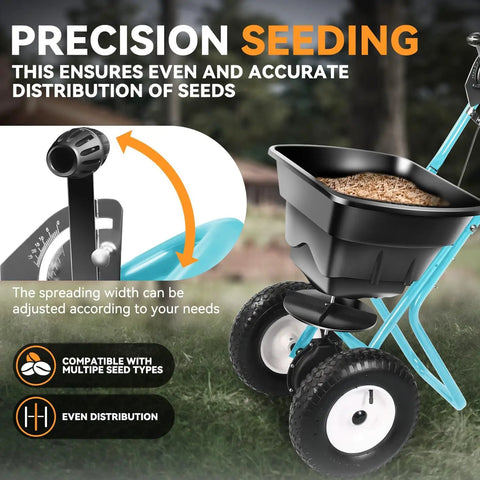 Walk Behind Broadcast Spreader With 80 Lb Capacity For Fertilizer Salt Ice Melt Grass Seed And Lawn And Garden Care Pro Grade Heavy Duty With Side Spread Control showcasing precision seeding and adjustable spread width control.
