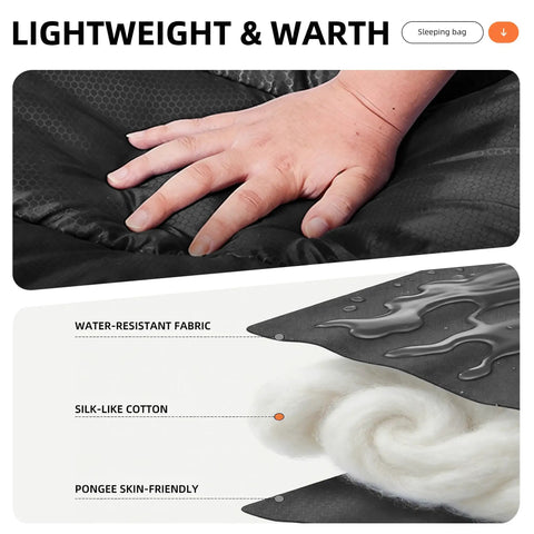 Hand touching black Lightweight Warm Weather Sleeping Bag For Adults And Teens with close-up of water-resistant fabric details.