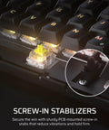 Close-up of Top Shelf Wireless 75 Percent Gaming Keyboard with hot swap MLX tactile switches and screw-in stabilizers.