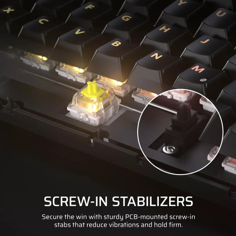 Close-up of Top Shelf Wireless 75 Percent Gaming Keyboard with hot swap MLX tactile switches and screw-in stabilizers.