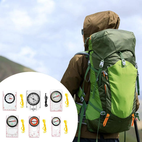 Hiker with green backpack and images of Orientation Compass With Map Scale Ruler And Magnifier For Hiking And Camping Navigation