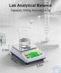 Ultra Precision 3000g Capacity Analytical Balance Lab Scale With 0.1g Readability, showing digital display and glass beaker.
