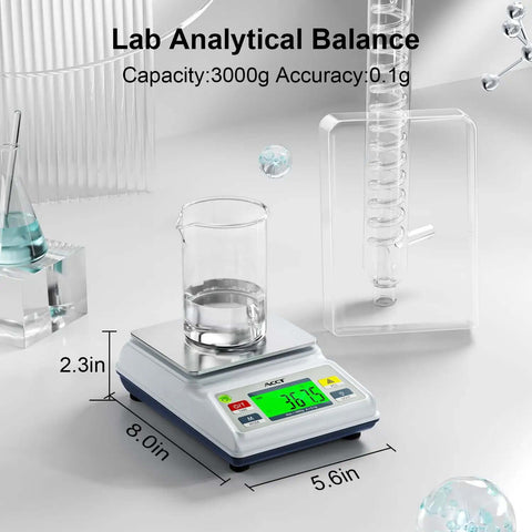 Ultra Precision 3000g Capacity Analytical Balance Lab Scale With 0.1g Readability, showing digital display and glass beaker.