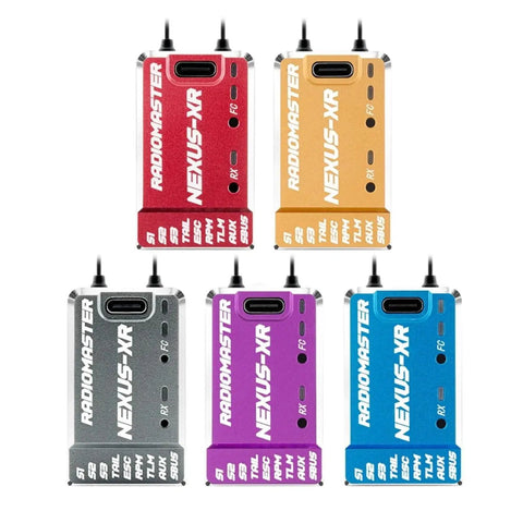 Five colored Nexus XR Helicopter Flight Controllers With Integrated 2.4G ELRS Receiver, Dual Semtech SX1281 Transceivers
