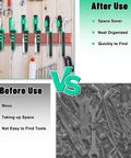Red Wall Mount Screwdriver And Pliers Organizer Rack With 23 Holes mounted on a wall holding tools, comparison of organized vs messy tools.