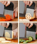 Amazon stainless steel crinkle cutter with black handle, front view slicing carrot on cutting board.
Amazon stainless steel crinkle cutter with black handle, side view pressing on lotus root.
Close-up of the stainless steel crinkle cutter blade with black handle cutting pale vegetable.
Amazon crinkle cutter in use, cutting cucumber pieces on a cutting board.