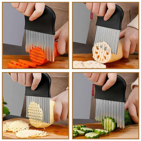 Amazon stainless steel crinkle cutter with black handle, front view slicing carrot on cutting board.
Amazon stainless steel crinkle cutter with black handle, side view pressing on lotus root.
Close-up of the stainless steel crinkle cutter blade with black handle cutting pale vegetable.
Amazon crinkle cutter in use, cutting cucumber pieces on a cutting board.