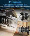 4" Magnetic Dust Collection Adapter showing seamless connection to power tools, part of the Slick Four Inch Magnetic Dust Collection Fittings Quick Swap Hose Adapter No Hassle Snap On Shop Vac Coupler For Woodworking Gear And Shop Upgrades Rock Solid Magnet Grip Kit.