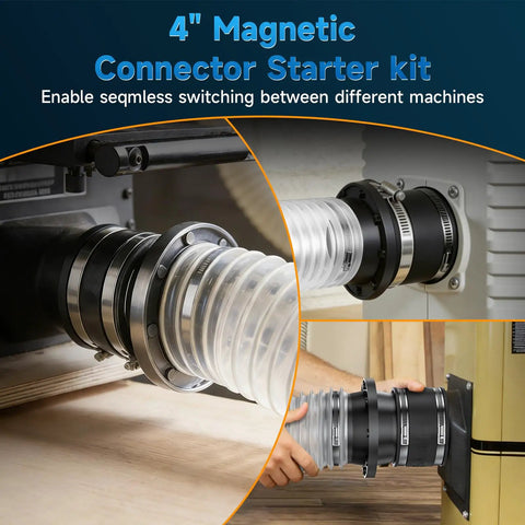 4" Magnetic Dust Collection Adapter showing seamless connection to power tools, part of the Slick Four Inch Magnetic Dust Collection Fittings Quick Swap Hose Adapter No Hassle Snap On Shop Vac Coupler For Woodworking Gear And Shop Upgrades Rock Solid Magnet Grip Kit.