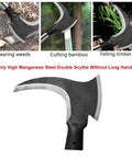 High Manganese Steel Double Scythe with wooden handle for outdoor weeding and grass mowing, showing blade cutting bamboo