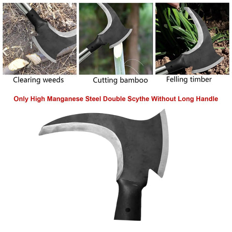 High Manganese Steel Double Scythe with wooden handle for outdoor weeding and grass mowing, showing blade cutting bamboo