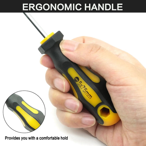 Close-up of a hand holding a screwdriver from the 43 Piece Magnetic Screwdriver Set With Sturdy Carry Case And 25 Bit Kit With Replaceable Bits.