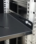 Close-up of adjustable shelf in 48U Server Rack Cabinet With Vented Top Cover And Two Adjustable Shelves For Networking Gear.