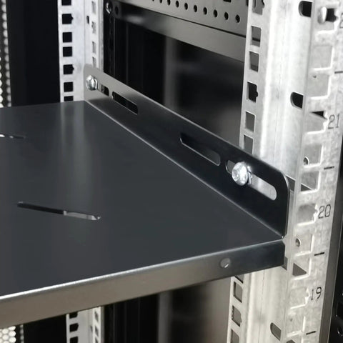 Close-up of adjustable shelf in 48U Server Rack Cabinet With Vented Top Cover And Two Adjustable Shelves For Networking Gear.