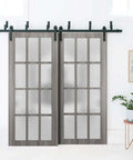 Felicia 3312 Interior Barn Bypass Sliding Doors Set With Frosted Glass And Solid Wood Panels 64x96 Inches Black Classic Style Hardware