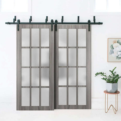 Felicia 3312 Interior Barn Bypass Sliding Doors Set With Frosted Glass And Solid Wood Panels 64x96 Inches Black Classic Style Hardware