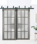 Barn Style Bypass Sliding Doors With Frosted Glass And Solid Wood, 56x96 Inches, Black Finish, Classic Look, Hardware Included