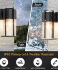 Dusk To Dawn Exterior Wall Light With Crackle Glass Sensor, Modern Outdoor Wall Mount Fixture shown in rain and snow conditions