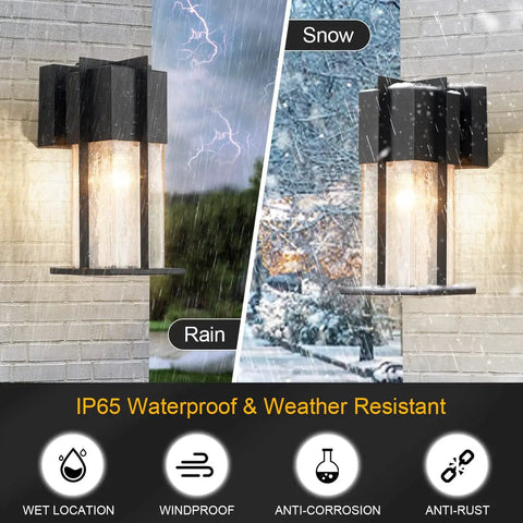 Dusk To Dawn Exterior Wall Light With Crackle Glass Sensor, Modern Outdoor Wall Mount Fixture shown in rain and snow conditions