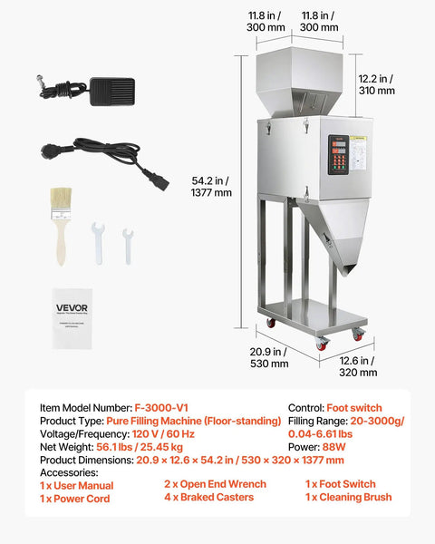 Slick Automatic Filling Machine With Smart Weighing Sensor And Foot Pedal For Coffee Beans Grains Spices Stainless Steel Particle Dispenser shown with power cord and foot switch.