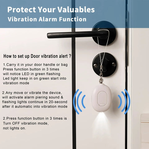 Portable Door Alarm Stopper For Travel, 130dB Siren, USB Rechargeable Vibration Sensor With LED Flash, Lightweight Safety Alarm For Hotels, Home, Apartments And On The Go on white door handle