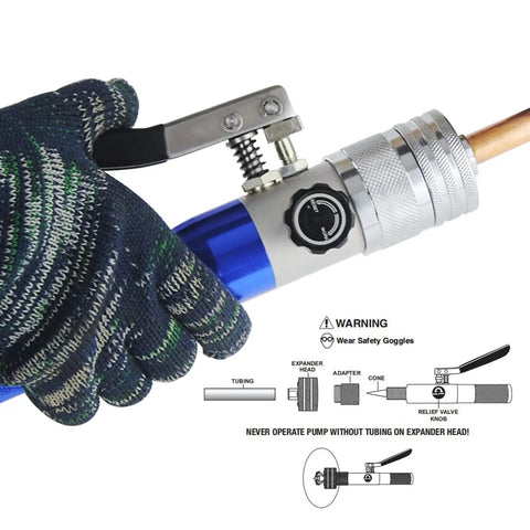 Gloved hand using Hydraulic Copper Tube Expander Kit With Seven Interchangeable Heads For Three Eighths To Eleven Eighths Inch Tubing Swaging And Expanding Tool Set For HVAC Plumbing And Refrigeration Effortless Expansion