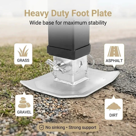 Heavy Duty Foot Plate of Built Like A Tank 7000Lb Square Drop Leg Trailer Jack on grass, gravel, dirt, and asphalt.