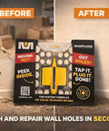 Drywall Hole Repair Kit With 36 Plugs In Three Sizes Half Inch Five Eighths Inch And Three Quarter Inch No Mesh No Spackle Reusable Prep Tool shown in packaging with before and after wall repair comparison