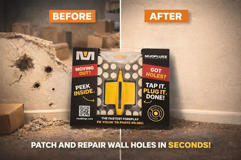 Drywall Hole Repair Kit With 36 Plugs In Three Sizes Half Inch Five Eighths Inch And Three Quarter Inch No Mesh No Spackle Reusable Prep Tool shown in packaging with before and after wall repair comparison