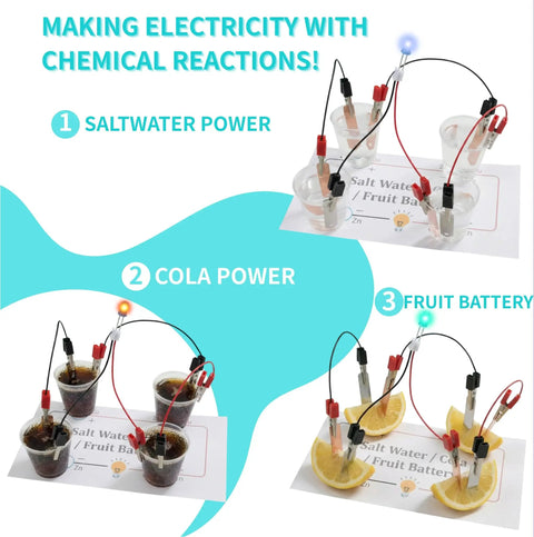 Hands On Electric Circuit Kit For Kids And Students 8 Experiments In 7 Sets With Series And Parallel Circuits Seawater Power Fruit Batteries Beginner Friendly Electrical Science Projects showing saltwater, cola and fruit battery experiments