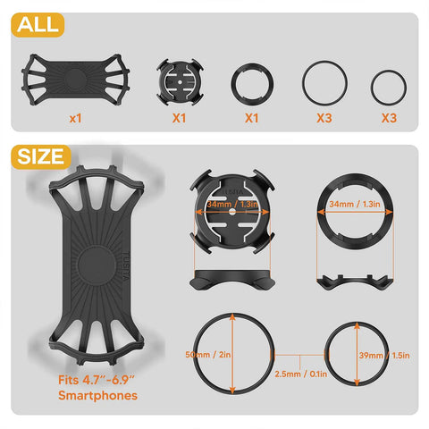 Components of 2 In 1 Bike Mount With Quick Release And Quarter Turn, size details for fitting 4.7-6.9 inch phones and Garmin Edge GPS