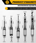 Knockout Square Hole Drill Bit Set Covers Quarter To Five Eighth Inch Markings Plus Rugged Chuck Adapter For Hardwood Carpentry And Diy Shops Demanding Dead Nuts Accuracy And No Sweat Results showing square drill bits with sizes from 1/4 to 1/2 inch.