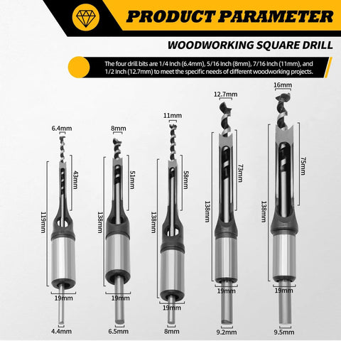 Knockout Square Hole Drill Bit Set Covers Quarter To Five Eighth Inch Markings Plus Rugged Chuck Adapter For Hardwood Carpentry And Diy Shops Demanding Dead Nuts Accuracy And No Sweat Results showing square drill bits with sizes from 1/4 to 1/2 inch.