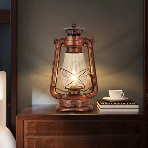 Industrial Rustic Lantern Table Lamp With Old Fashioned Oil Lamp Vibe For Farmhouse Bedroom Nightstand, warm glow on wood surface