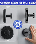 No Drill Suction Cup Hooks For Shower And Bathroom 4 Pack shown in various angles and size measurements against a gray background