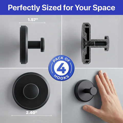 No Drill Suction Cup Hooks For Shower And Bathroom 4 Pack shown in various angles and size measurements against a gray background