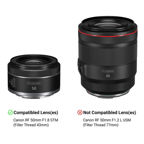 Comparison of compatible Canon RF 50mm F1.8 STM lens and incompatible Canon RF 50mm F1.2 L USM lens for Must Have Reversible ES-65B Lens Hood