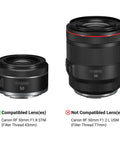 Comparison of compatible Canon RF 50mm F1.8 STM with 43mm filter and non-compatible RF 50mm F1.2 L USM with 77mm filter thread sizes.