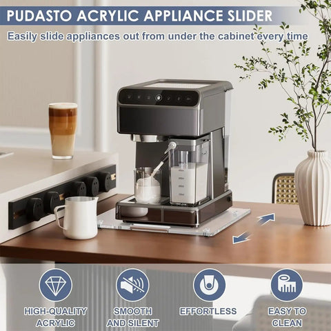 Top Shelf Slick Sliding Tray For Coffee Maker With Noiseless Rolling Station Board and Heavy Duty Pull Handle For Hassle Free Countertop Glide Access Right Away showing a sleek acrylic design under coffee maker.