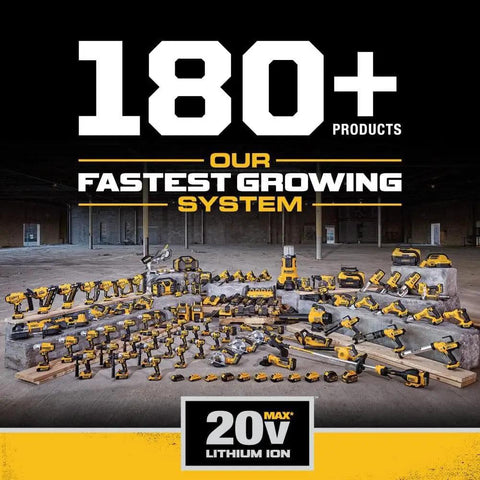 Display of 180+ 20V Max lithium ion tools on jobsite, highlighting brand's growing system.