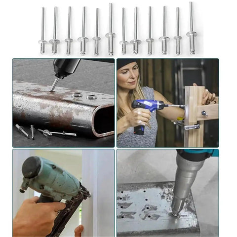 120 Piece Aluminum Alloy Blind Rivets Set Kit With Dome Head Rivets And Rivet Nut Tools being used on various materials
