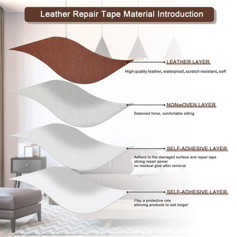 Heavy Duty Leather Repair Tape Kit That Delivers A Dang Sure Fix Easy Peel And Stick Couch Patches For Scratches Scuffs And Tears No Sew Brown 8.2 By 11 Inch 2 Pack layers explained showing leather, nonwoven, and self-adhesive layers.