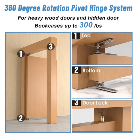 Invisible Pivot Hinge For Secret Doors And Bookshelves, Heavy Duty Up To 200 Lb, 360 Degree Rotation, Concealed Hidden Door Hardware shown.