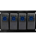 Front view of a 4-gang Beefy 12 To 24V Illuminated Rocker Switch Panel For Boats Cars And Marine Use Aluminum Pre Wired Dash Mount with Blue LED Backlit.