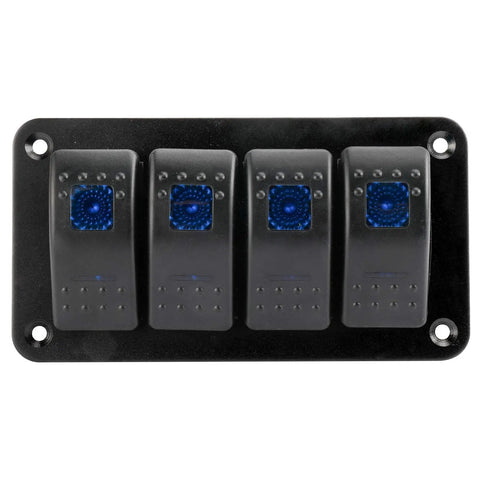 Front view of a 4-gang Beefy 12 To 24V Illuminated Rocker Switch Panel For Boats Cars And Marine Use Aluminum Pre Wired Dash Mount with Blue LED Backlit.
